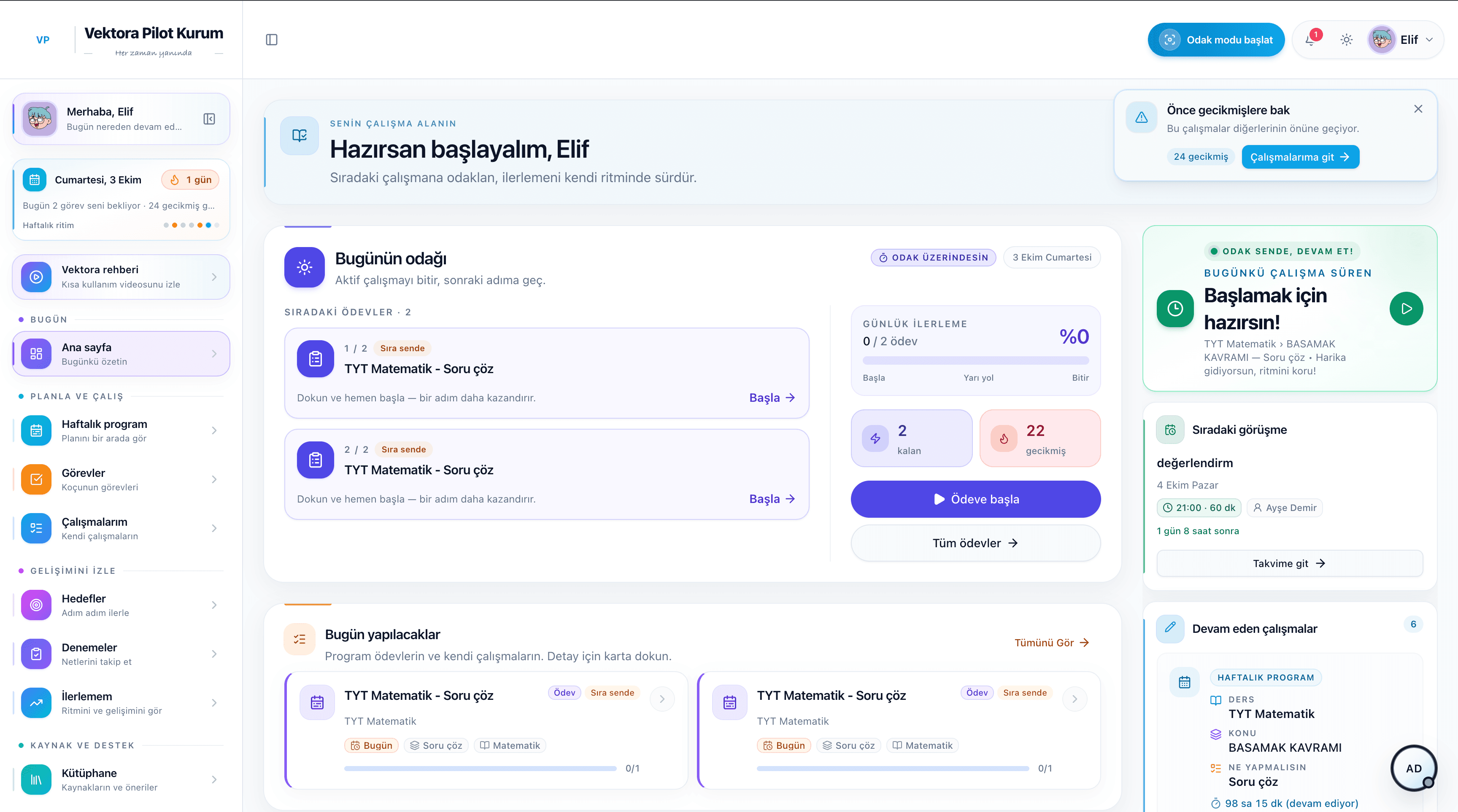 Vektora öğrenci ekranında haftalık çalışma planı, görevler ve akademik gelişim görünümü